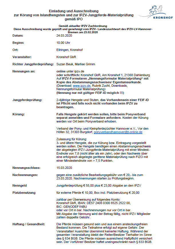 Ausschreibung Jungpferdematerialprüfung